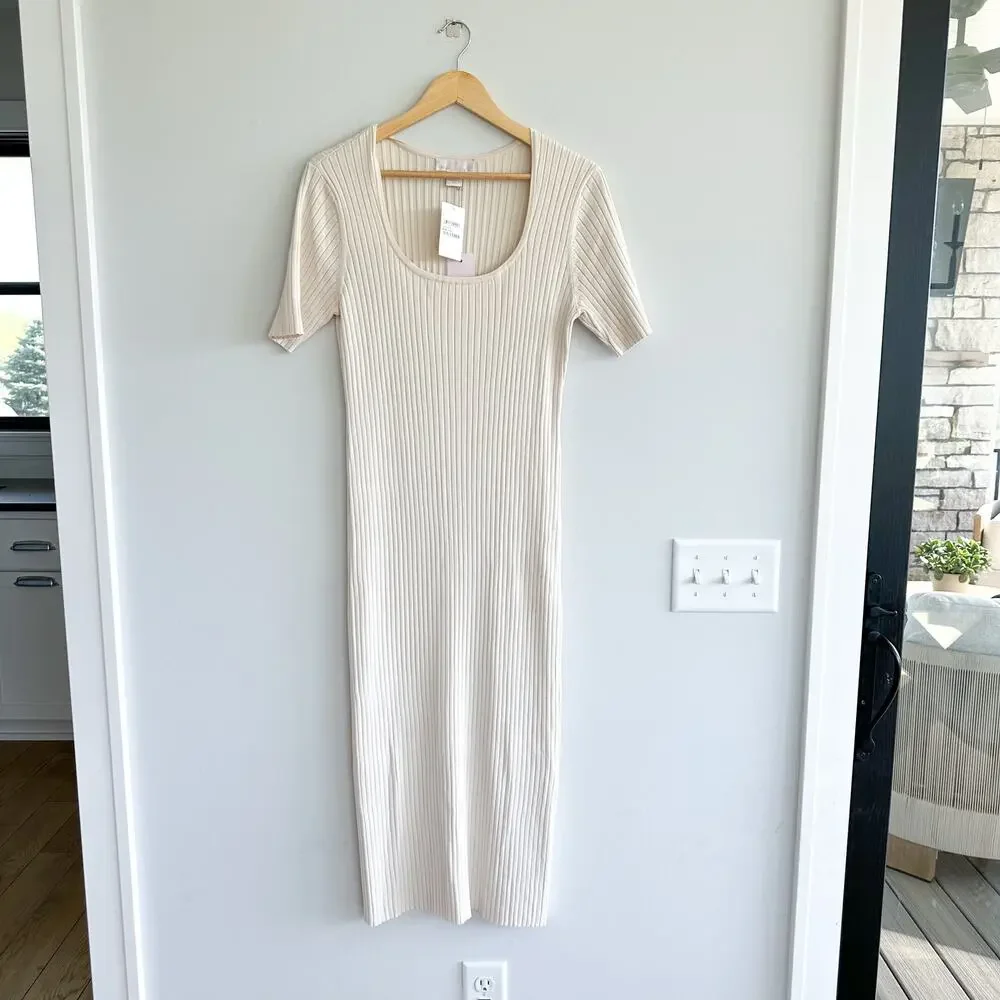 Rachel Parcell Ribbed Knit Scoop Neck Short Sleeve Midi Dress Beige Faded L - Picture 2 of 11